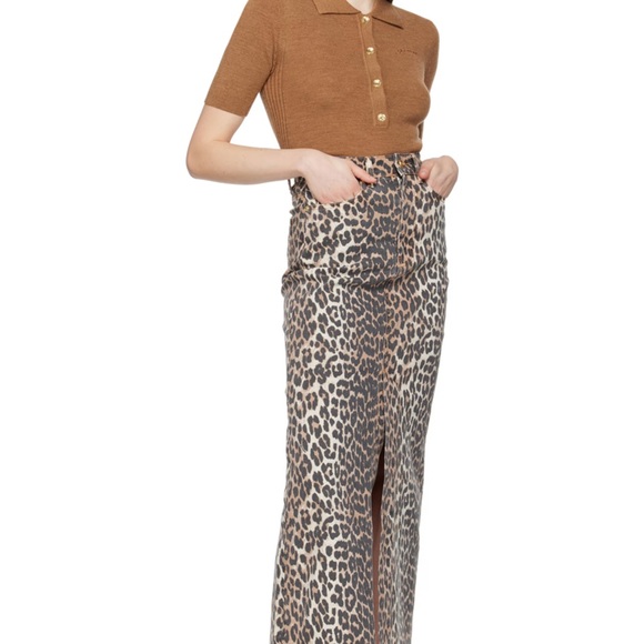 GANNI LEOPARD DENIM MAXI SLIT SKIRT - Picture 3 of 5